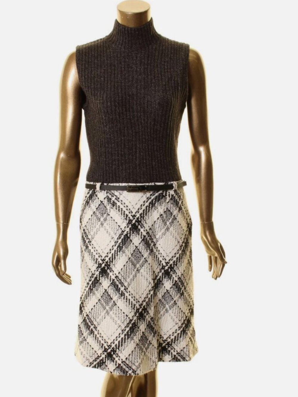 NWT Jones New York Women's Glenplaid Belted Ribbed Tweed Sweater Dress - Size 14